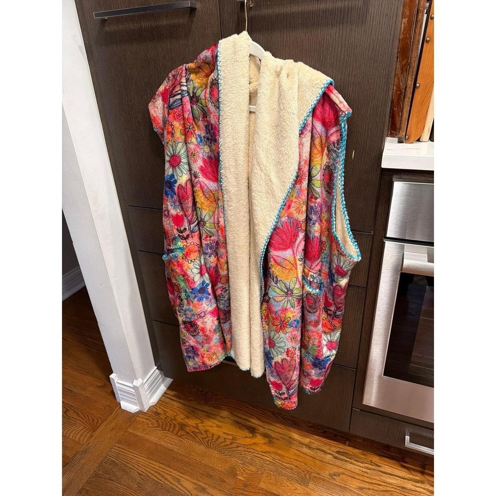 Natural Life cozy reversible hooded sherpa vest in a watercolor floral print